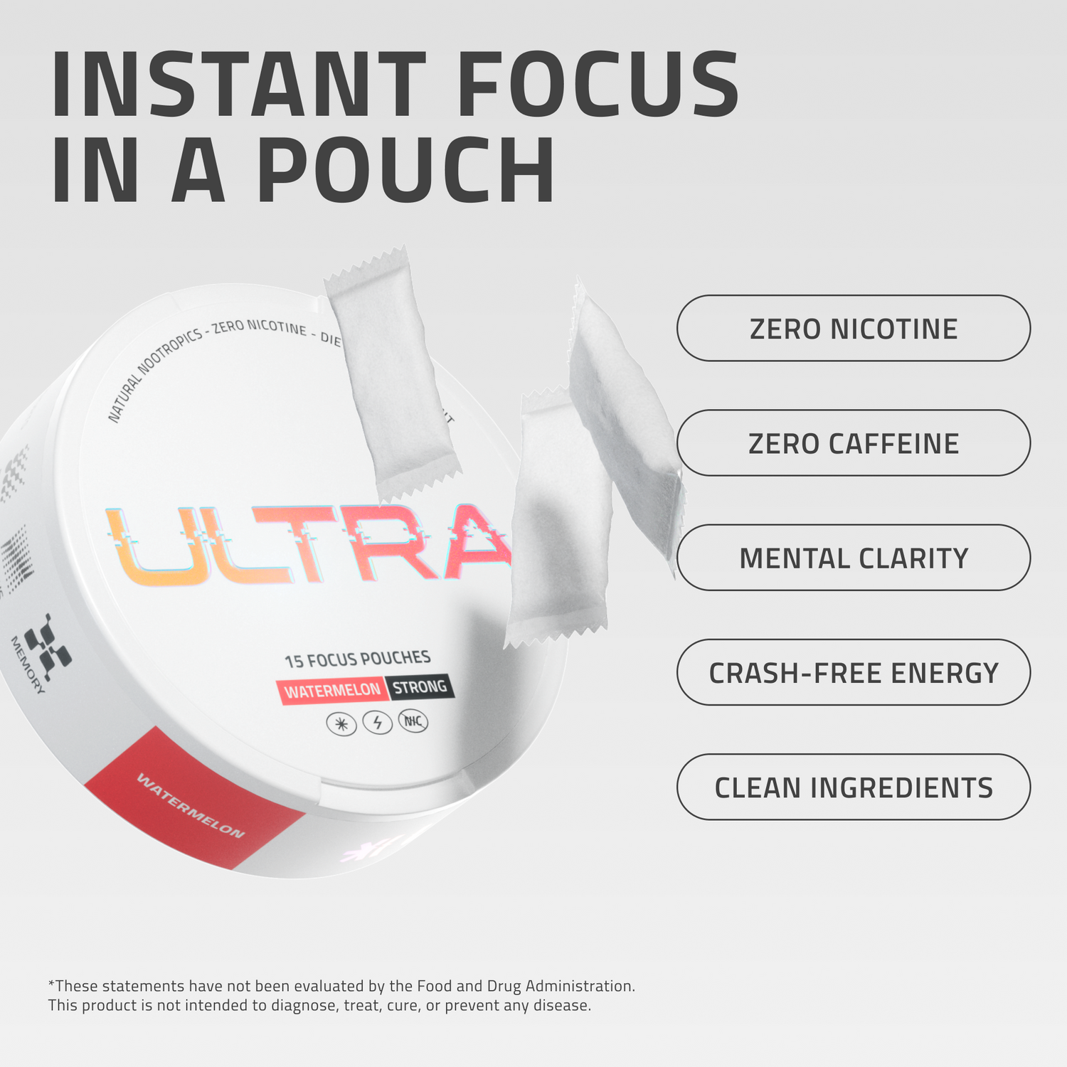 A white Ultra can with three floating pouches next to product feature labels.