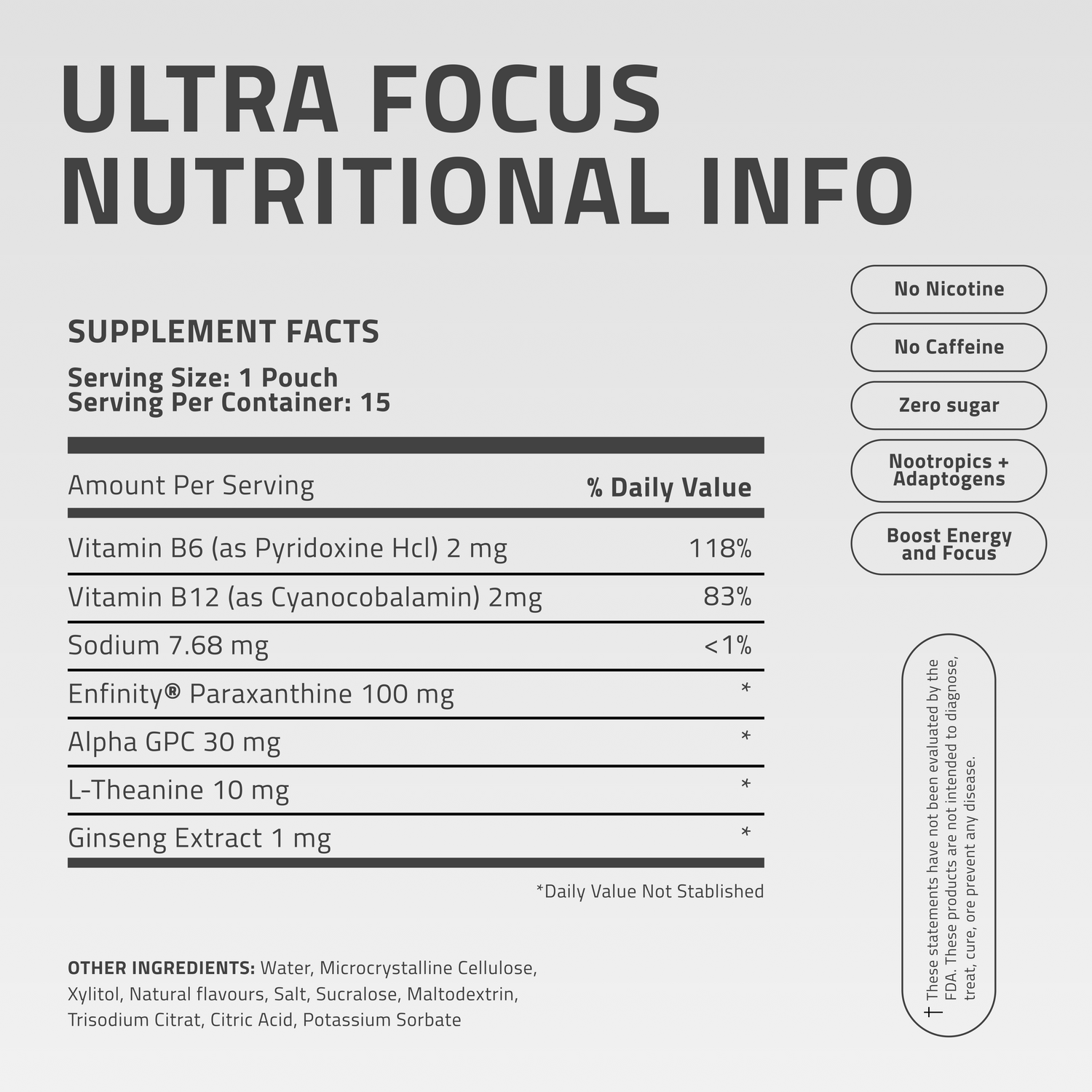 The full supplement facts label for Ultra Focus, displaying ingredients and daily values.
